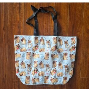 Light Blue Pug Dog Print Large Tote Bag Reusable Shopping Shoulder Bag NEW